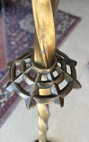 Antique CIrca 1930 Art Deco Bridge Arm Lamp with Original Brass Finish and Gold Leaf Border Shade