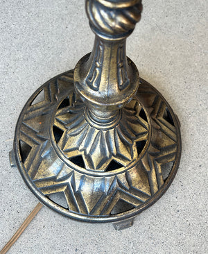 Antique CIrca 1930 Art Deco Bridge Arm Lamp with Original Brass Finish and Gold Leaf Border Shade