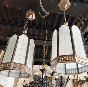 SET OF 4 AVAILABLE -$2000 PAIR -  Antique Circa 1930 Eight Sided Art Deco Lantern with Original Nickel Plate Finish and Opal Glass Panels