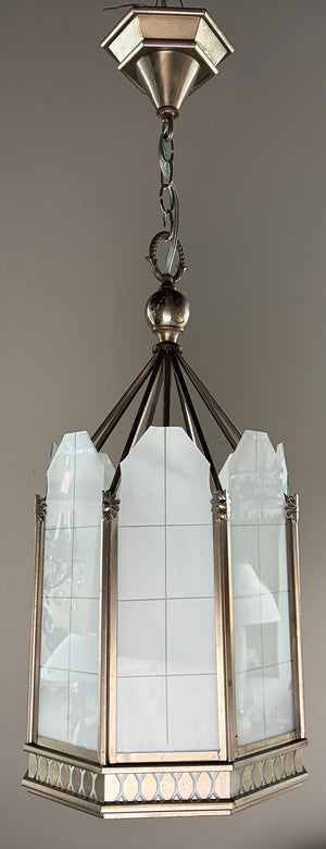 SET OF 4 AVAILABLE -$2000 PAIR -  Antique Circa 1930 Eight Sided Art Deco Lantern with Original Nickel Plate Finish and Opal Glass Panels