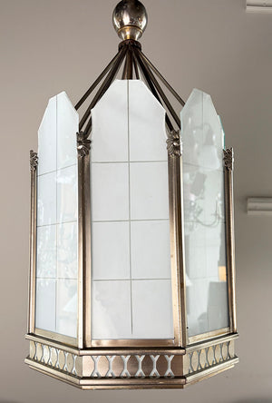 SET OF 4 AVAILABLE -$2000 PAIR -  Antique Circa 1930 Eight Sided Art Deco Lantern with Original Nickel Plate Finish and Opal Glass Panels