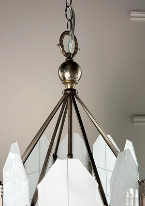SET OF 4 AVAILABLE -$2000 PAIR -  Antique Circa 1930 Eight Sided Art Deco Lantern with Original Nickel Plate Finish and Opal Glass Panels