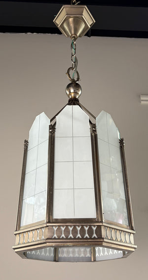 SET OF 4 AVAILABLE -$2000 PAIR -  Antique Circa 1930 Eight Sided Art Deco Lantern with Original Nickel Plate Finish and Opal Glass Panels