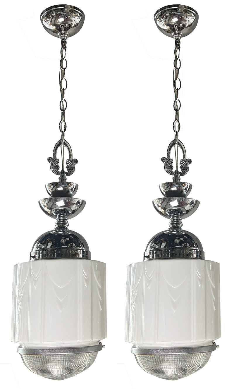 $1800 PAIR - Fantastic Pair of 1930s Machine Age Modern Art Deco Pendants with Original Polished Nickel Finish and Opal and Pressed Glass Deco Shades