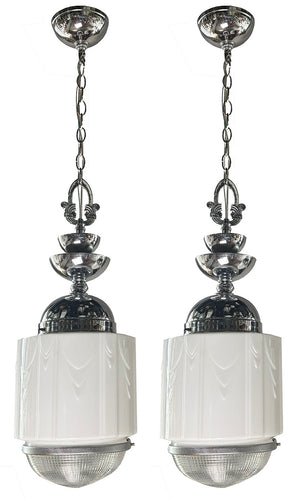 $1800 PAIR - Fantastic Pair of 1930s Machine Age Modern Art Deco Pendants with Original Polished Nickel Finish and Opal and Pressed Glass Deco Shades