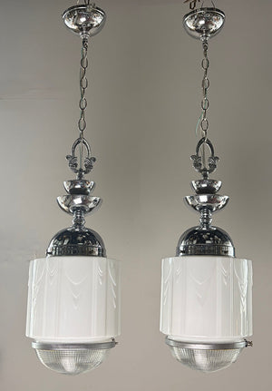 $1800 PAIR - Fantastic Pair of 1930s Machine Age Modern Art Deco Pendants with Original Polished Nickel Finish and Opal and Pressed Glass Deco Shades