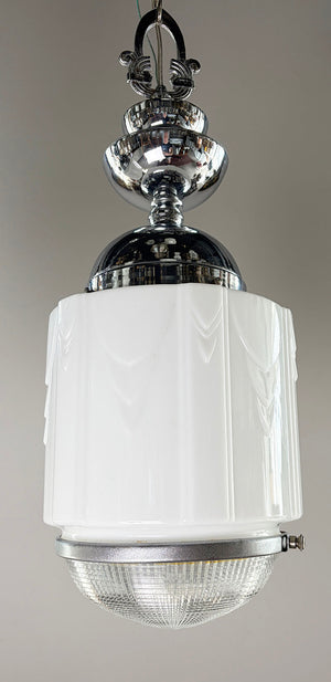 $1800 PAIR - Fantastic Pair of 1930s Machine Age Modern Art Deco Pendants with Original Polished Nickel Finish and Opal and Pressed Glass Deco Shades