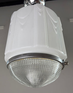 $1800 PAIR - Fantastic Pair of 1930s Machine Age Modern Art Deco Pendants with Original Polished Nickel Finish and Opal and Pressed Glass Deco Shades