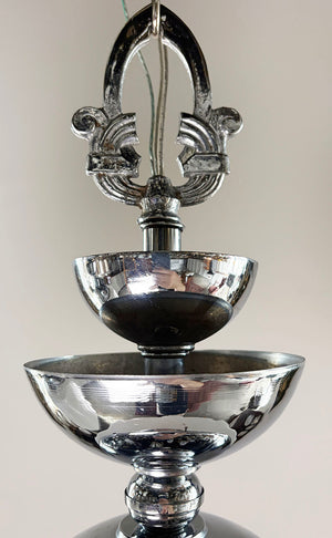 $1800 PAIR - Fantastic Pair of 1930s Machine Age Modern Art Deco Pendants with Original Polished Nickel Finish and Opal and Pressed Glass Deco Shades
