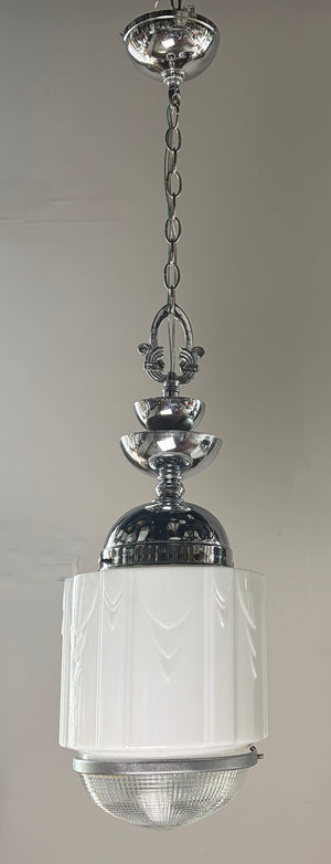 $1800 PAIR - Fantastic Pair of 1930s Machine Age Modern Art Deco Pendants with Original Polished Nickel Finish and Opal and Pressed Glass Deco Shades