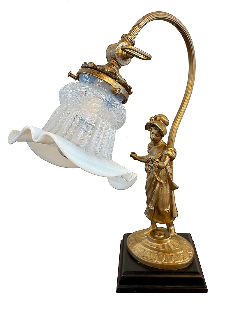 Antique 1920s Figural Desk Lamp with Antique Opal Floral Ruffled Shade