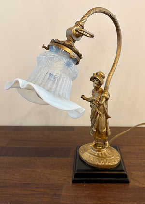 Antique 1920s Figural Desk Lamp with Antique Opal Floral Ruffled Shade