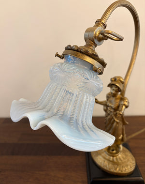Antique 1920s Figural Desk Lamp with Antique Opal Floral Ruffled Shade