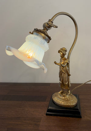 Antique 1920s Figural Desk Lamp with Antique Opal Floral Ruffled Shade