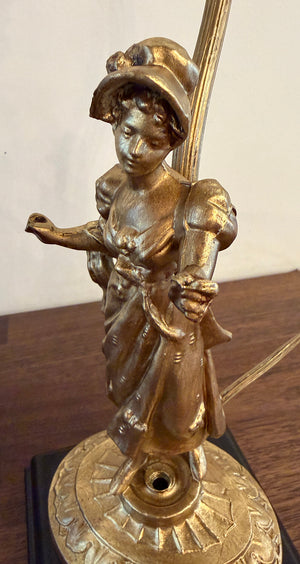 Antique 1920s Figural Desk Lamp with Antique Opal Floral Ruffled Shade