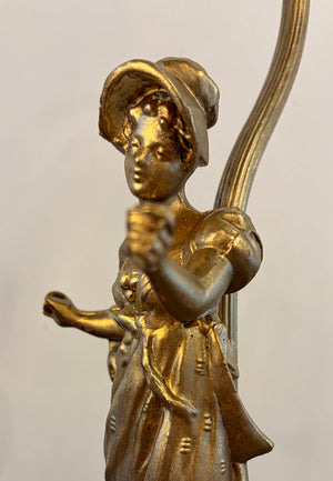 Antique 1920s Figural Desk Lamp with Antique Opal Floral Ruffled Shade