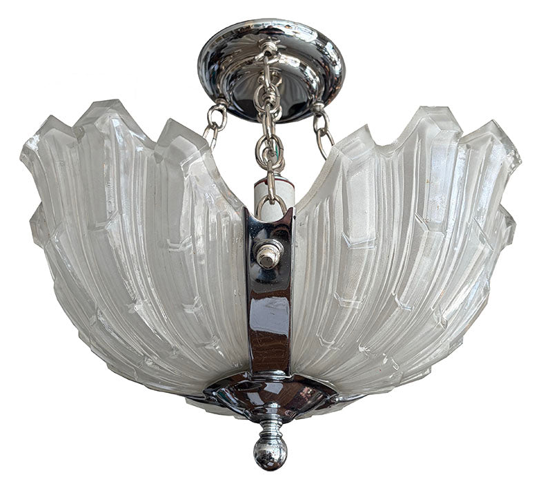 Antique Circa 1930 French Art Deco Chrome and Glass Slip Shade Flush Mount