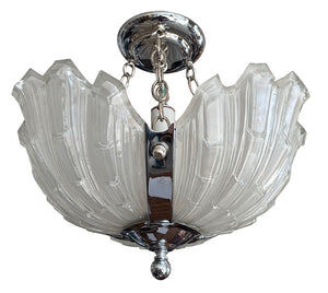 Antique Circa 1930 French Art Deco Chrome and Glass Slip Shade Flush Mount