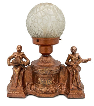 Antique Circa 1930 Art Deco Figural Radio Lamp with Harlequin Figures and Original Brain Shade