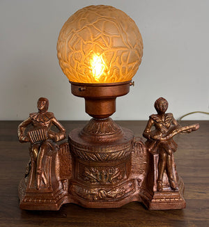 Antique Circa 1930 Art Deco Figural Radio Lamp with Harlequin Figures and Original Brain Shade