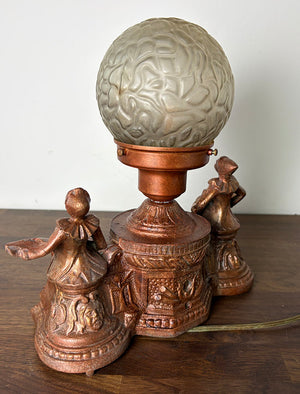 Antique Circa 1930 Art Deco Figural Radio Lamp with Harlequin Figures and Original Brain Shade