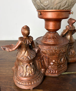 Antique Circa 1930 Art Deco Figural Radio Lamp with Harlequin Figures and Original Brain Shade