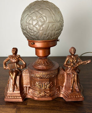 Antique Circa 1930 Art Deco Figural Radio Lamp with Harlequin Figures and Original Brain Shade