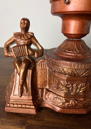 Antique Circa 1930 Art Deco Figural Radio Lamp with Harlequin Figures and Original Brain Shade