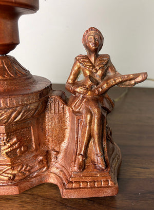 Antique Circa 1930 Art Deco Figural Radio Lamp with Harlequin Figures and Original Brain Shade
