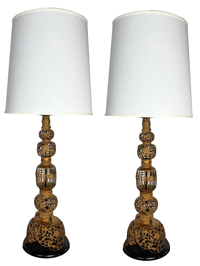 $850 PAIR- Stunning Pair of Vintage 1950s Mid Century Indian Oversized Cast Brass Table Lamps