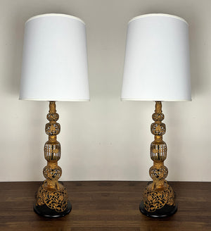 $850 PAIR- Stunning Pair of Vintage 1950s Mid Century Indian Oversized Cast Brass Table Lamps