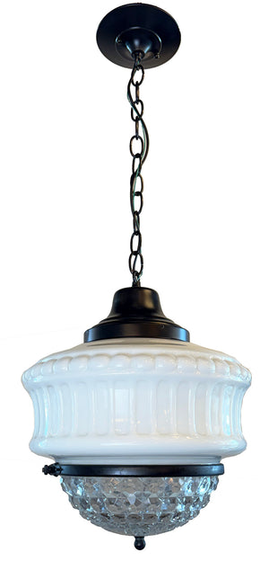 Antique Circa 1930 Art Deco Pendant with Patterned Opal Glass Shade and Pressed Glass Bottom (Copy)
