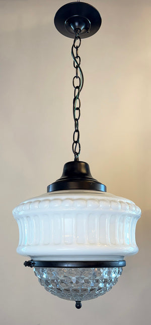 Antique Circa 1930 Art Deco Pendant with Patterned Opal Glass Shade and Pressed Glass Bottom (Copy)