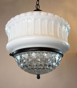 Antique Circa 1930 Art Deco Pendant with Patterned Opal Glass Shade and Pressed Glass Bottom (Copy)