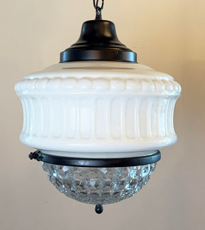 Antique Circa 1930 Art Deco Pendant with Patterned Opal Glass Shade and Pressed Glass Bottom (Copy)