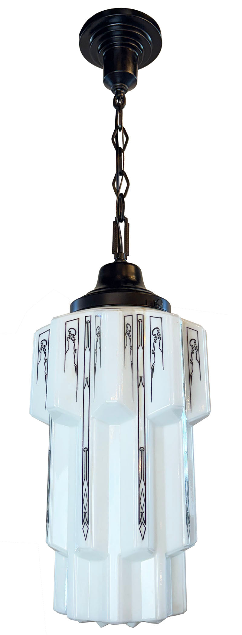 Antique Circa 1930 Art Deco Skyscraper Pendant with Opal and Black Etched Pattern Shade