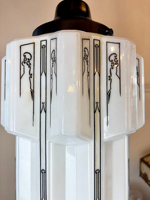 Antique Circa 1930 Art Deco Skyscraper Pendant with Opal and Black Etched Pattern Shade