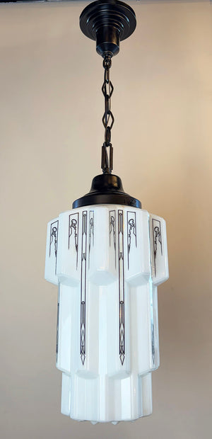 Antique Circa 1930 Art Deco Skyscraper Pendant with Opal and Black Etched Pattern Shade