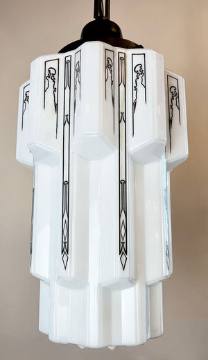 Antique Circa 1930 Art Deco Skyscraper Pendant with Opal and Black Etched Pattern Shade