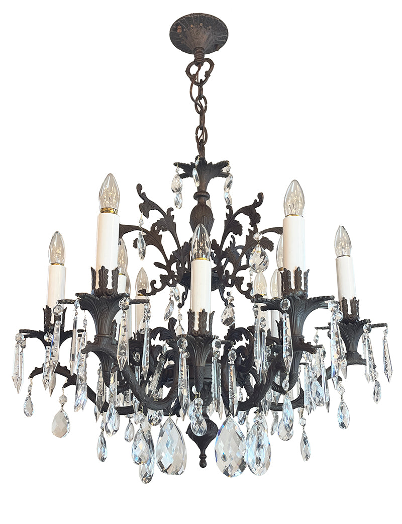 Grand Antique 1930s Twelve Light Cast Brass Foliate Chandelier with Crystals
