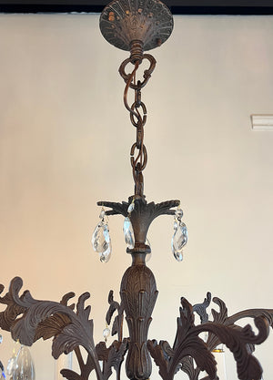 Grand Antique 1930s Twelve Light Cast Brass Foliate Chandelier with Crystals