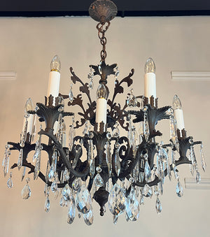 Grand Antique 1930s Twelve Light Cast Brass Foliate Chandelier with Crystals