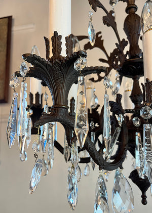 Grand Antique 1930s Twelve Light Cast Brass Foliate Chandelier with Crystals