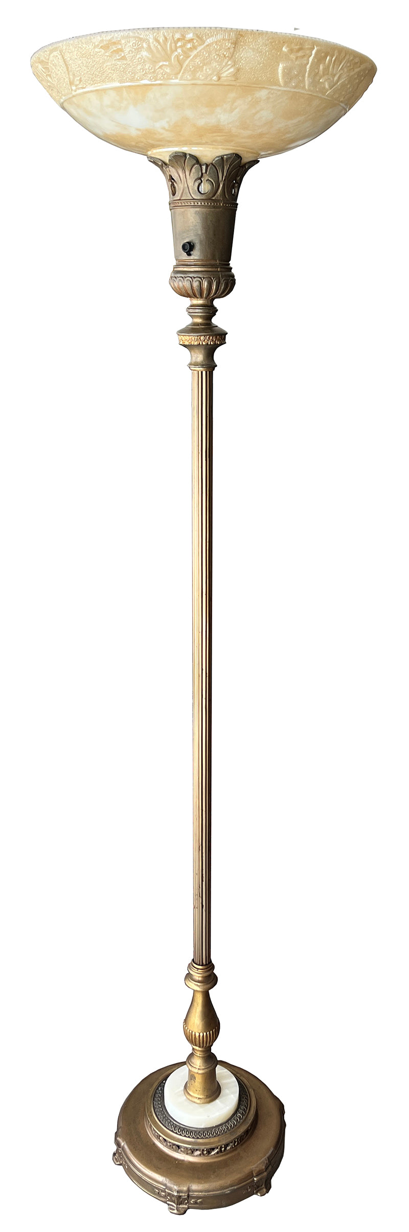 Antique Circa 1930. Art Deco Torchiere Floor Lamp with Original Nu Gold Shade and Onyx Base