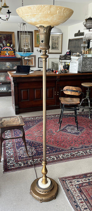 Antique Circa 1930. Art Deco Torchiere Floor Lamp with Original Nu Gold Shade and Onyx Base