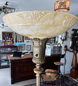Antique Circa 1930. Art Deco Torchiere Floor Lamp with Original Nu Gold Shade and Onyx Base