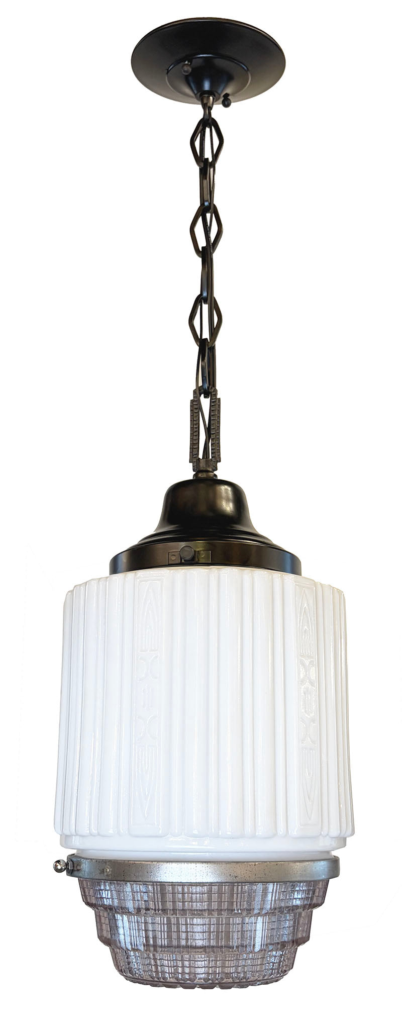 Antique Circa 1930 Art Deco Pendant with Patterned Opal Glass Shade and Pressed Glass Bottom