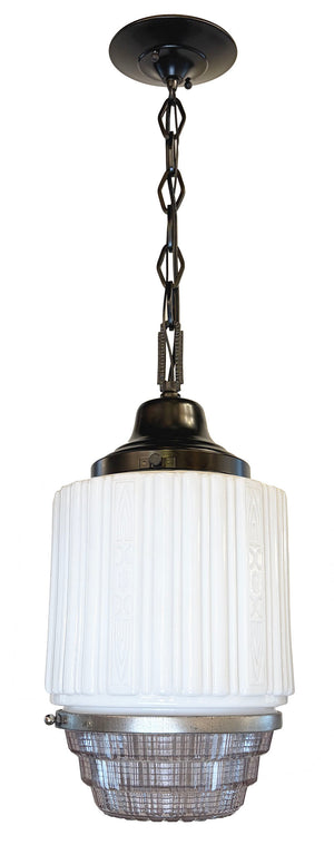 Antique Circa 1930 Art Deco Pendant with Patterned Opal Glass Shade and Pressed Glass Bottom