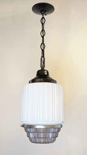 Antique Circa 1930 Art Deco Pendant with Patterned Opal Glass Shade and Pressed Glass Bottom