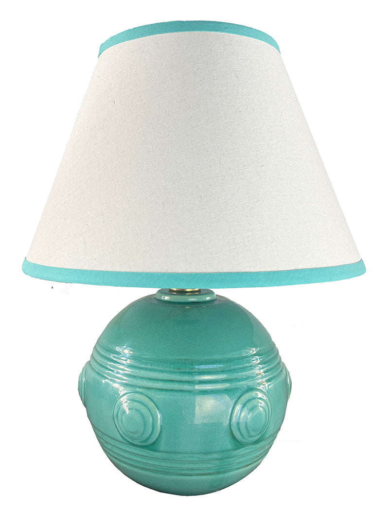 Vintage 1930 Art Deco Ceramic Table Lamp with Robins Egg Blue Glaze and Bulls Eye Pattern